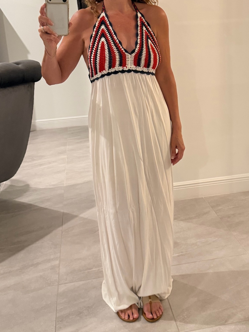 Boho Halter Maxi Dress with Red, Blue & White Crochet Bodice